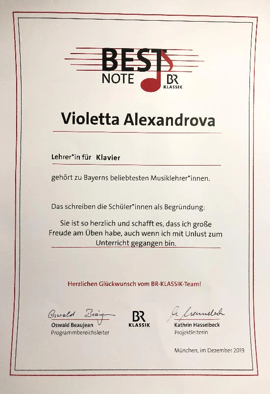 Urkunde BR Klassik - Bestnote Lehrerin Klavier für Violetta Alexandrova
